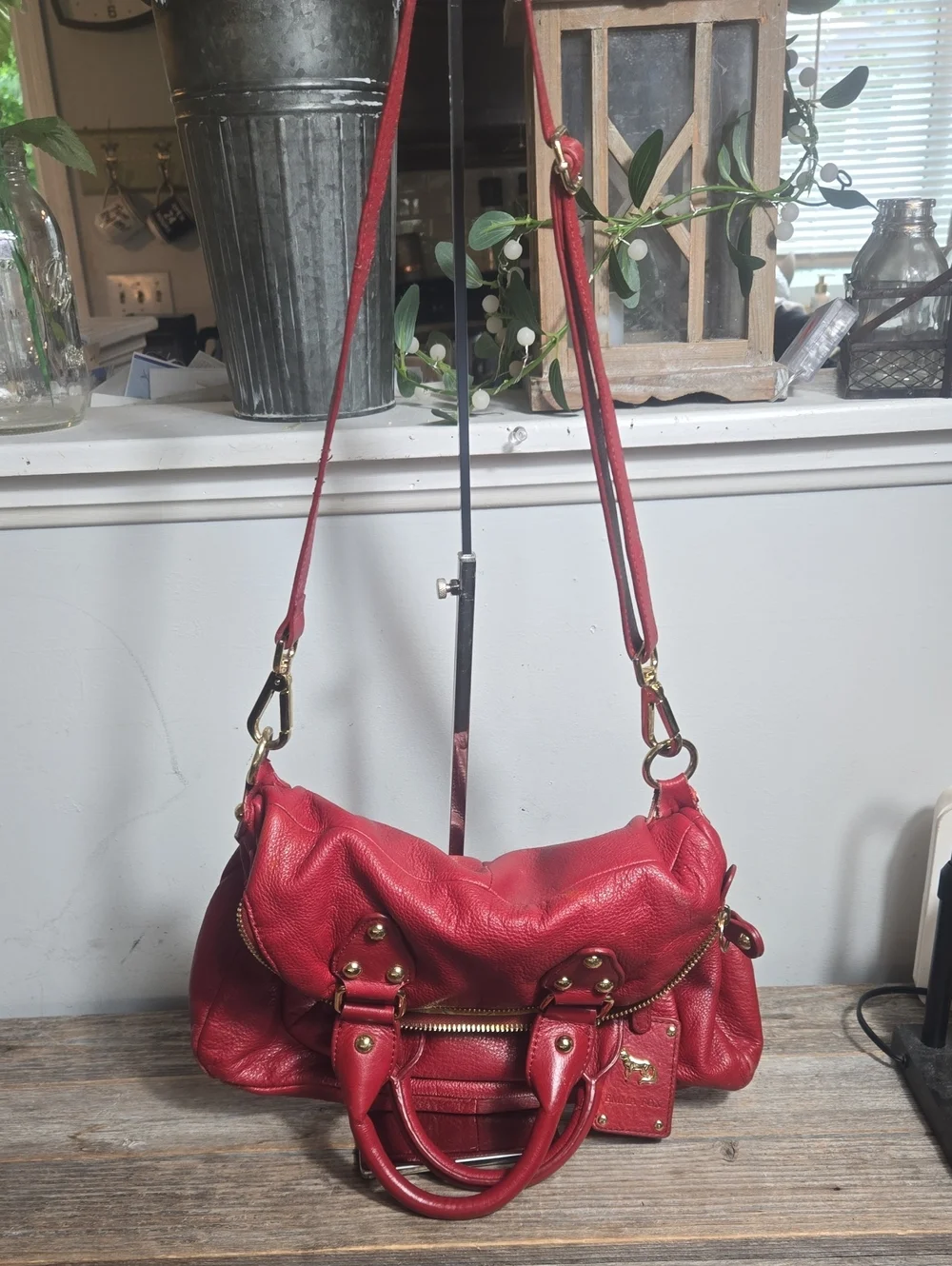 Emma Fox Red Leather Satchel Convertible Handbag with Gold Hardware